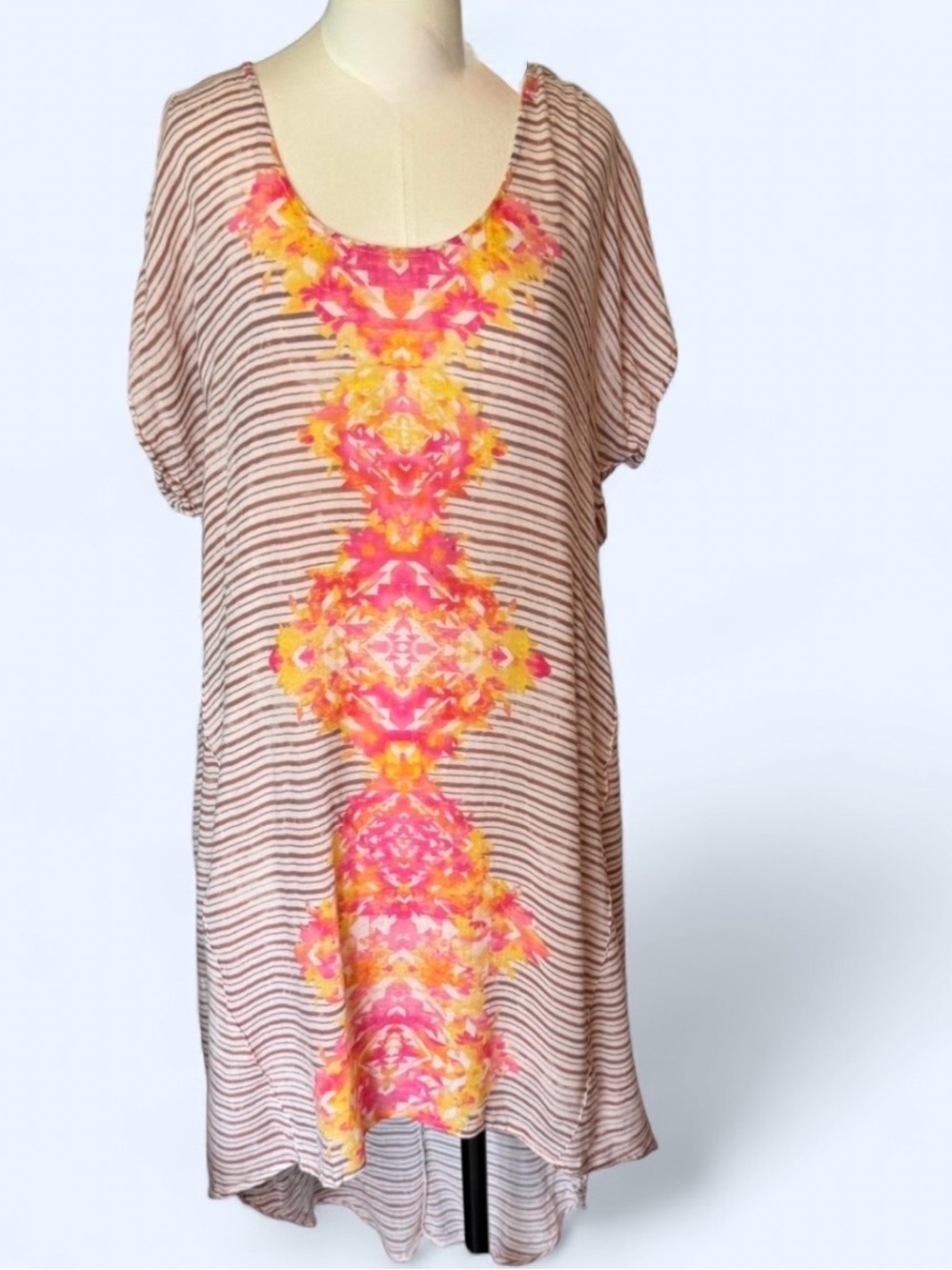 Free People Beige Striped dress with Pink & Yellow Floral Center lining snaps in